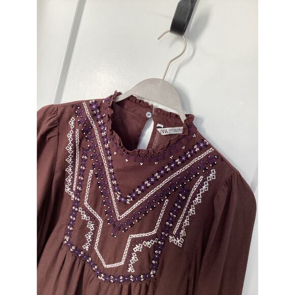 Zara Woman's Long Sleeve Beaded Embroidered Blouse Top Brown Size Small - Picture 7 of 14